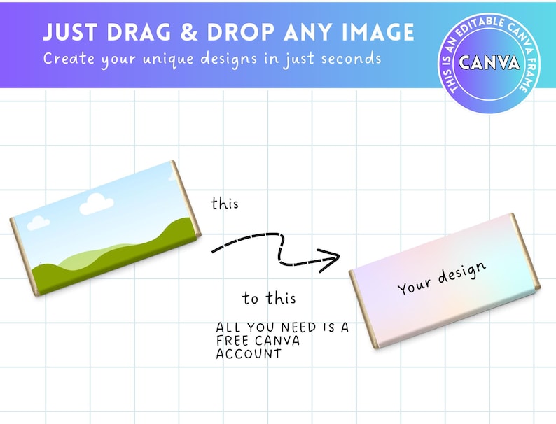 May include: An image demonstrating a design process. The text reads "JUST DRAG & DROP ANY IMAGE" and "Create your unique designs in just seconds." It shows a graphic transforming from one design to another, with the text "Your design."