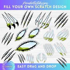 Claw Mark Canva Frames Bundle, Claw Scratch, Drag and Drop, Ripped Scratches Canva Template, Wild Animal Scratches, Sublimation, Rip Clipart