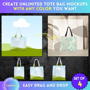 Könnte beinhalten: Satz mit vier Tragetaschen-Mockups mit verschiedenen Designs. Die Taschen sind weiß mit einem Design aus blauem Himmel und grünem Gras, einem weißen Gänseblümchenmuster und einem weißen Wolkenmuster. Der Text "EASY DRAG AND DROP" und "SET OF 4" ist im Bild sichtbar.