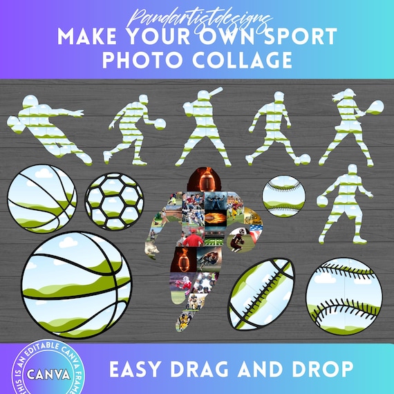 Sports Photo Collage - American Football Picture Collage - Editable Canva Frame - Drag & Drop - Basketball and Baseball Collage, Sports Ball