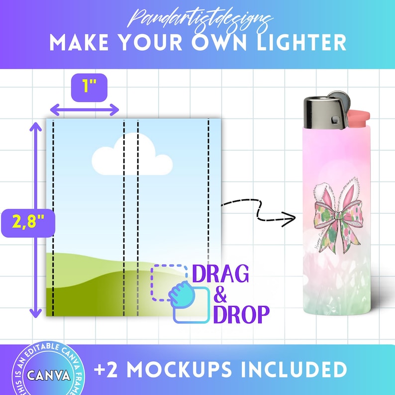 May include: A digital template for a lighter design featuring a pastel pink background with a white cloud and green hills. The template is 1 inch wide and 2.8 inches tall. The text "DRAG & DROP" is included on the template. The image also shows a pink lighter with a pastel design and a bow.