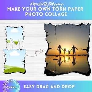 Riempi il tuo disegno con bordi screpolati su Canva - Pacchetto cornici CANVA modificabili - Trascina e rilascia - Carta strappata PNG - Disegni per sublimazione di collage di foto