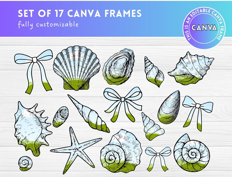 K&ouml;nnte beinhalten: Set von 17 anpassbaren Canva-Rahmen mit handgezeichneten Illustrationen von Muscheln, Seesternen und Schleifen in Blau, Gr&uuml;n und Wei&szlig; auf einem Holzmaserungshintergrund. Der Text "SET OF 17 CANVA FRAMES" und "fully customizable" befindet sich oben im Bild. Der Text "THIS IS AN EDITABLE CANVA FRAME" befindet sich in einem Kreis oben rechts im Bild.