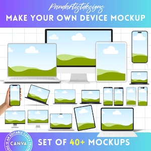 Bundle Devices Mockup - Laptop Tablet Smartphone Canva Frame Screen Mock-up - Easy Drag and Drop -Editable Sublimation Template Minimalist
