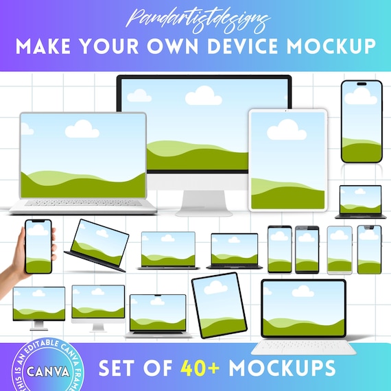 Bundle Devices Mockup - Laptop Tablet Smartphone Canva Frame Screen Mock-up - Easy Drag and Drop -Editable Sublimation Template Minimalist