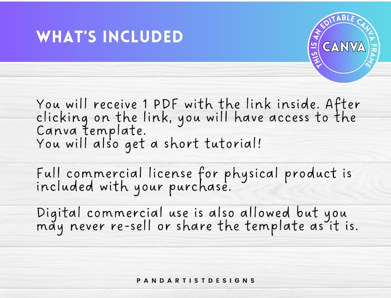 May include: A digital product description with a purple and blue gradient background. Text includes "WHAT'S INCLUDED", details about a Canva template, a commercial license, and the seller's name, Pandartistdesigns.