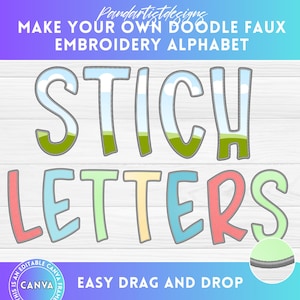Doodle Faux Embroidery Canva Frame Alphabet, Digital Stitch letters PNG, Drag and Drop, Applique Patch, Duotone Effects, Fill Your own Blank