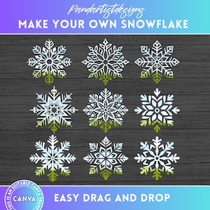 May include: Nine different snowflake designs on a woodgrain background. Each snowflake is white with a blue gradient and green accents. The text "MAKE YOUR OWN SNOWFLAKE" is at the top of the image. The text "EASY DRAG AND DROP" is at the bottom of the image.