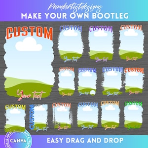 Könnte beinhalten: Eine digitale Designvorlage zum Erstellen von benutzerdefinierten Bootleg-Designs. Die Vorlage bietet eine Vielzahl von bunten Hintergründen mit Wolken und Gras, und der Text "CUSTOM" erscheint in verschiedenen Farben und Schriftarten. Der Text "EASY DRAG AND DROP" erscheint am unteren Rand des Bildes.