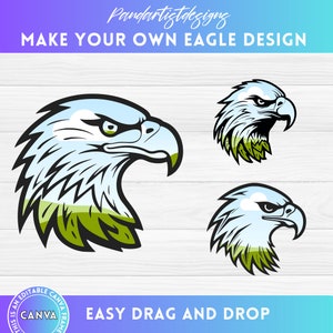 Puede incluir: Tres diseños diferentes de cabeza de águila con un esquema de color azul y verde. Las cabezas de águila están sobre un fondo de madera blanca. El texto "MAKE YOUR OWN EAGLE DESIGN" está en la parte superior de la imagen. El texto "EASY DRAG AND DROP" está en la parte inferior de la imagen.