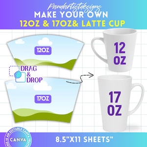 12oz - 17oz Latte Mug Template Bundle, DIY Coffee Mug Template, Printable 7oz Latte Mug Blank Template, Easy Drag & Drop, Canva Template