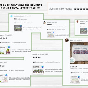May include: A collage of customer reviews for Canva letter frames. The reviews are positive and include images of the frames being used in different projects. The text in the reviews includes phrases like "Fill your own Uppercase Doodle Font Letters PNG Editable Canva" and "Used to make a custom Grandma tee!"