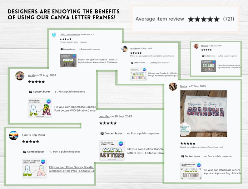May include: A collage of customer reviews for Canva letter frames. The reviews are positive and include images of the frames being used in different projects. The text in the reviews includes phrases like "Fill your own Uppercase Doodle Font Letters PNG Editable Canva" and "Used to make a custom Grandma tee!"