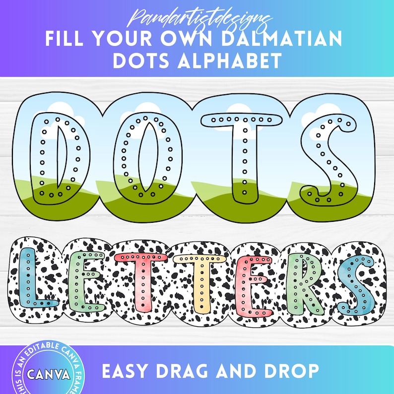 Fill your own Dalmatian Dots Letters & Number - Canva Frame - Drag and Drop - Sublimation Design Digital Alphabet Png Doodle Dalmatian Spots image 1