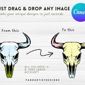May include: A graphic design tutorial showing how to use Canva to change the colors of a bull skull illustration. The original image is a black and white bull skull with a light blue gradient. The edited image is a yellow bull skull with a pink and light blue gradient. The text on the image reads "JUST DRAG & DROP ANY IMAGE Create your unique designs in just seconds From this To this ALL YOU NEED IS A FREE CANVA ACCOUNT! PANDARTISTDESIGNS Canva"