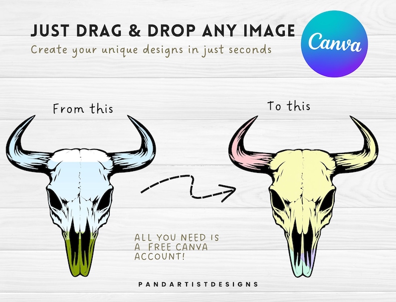 May include: A graphic design tutorial showing how to use Canva to change the colors of a bull skull illustration. The original image is a black and white bull skull with a light blue gradient. The edited image is a yellow bull skull with a pink and light blue gradient. The text on the image reads "JUST DRAG & DROP ANY IMAGE Create your unique designs in just seconds From this To this ALL YOU NEED IS A FREE CANVA ACCOUNT! PANDARTISTDESIGNS Canva"