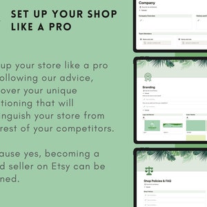May include: A green and white graphic with the text "Set Up Your Shop Like A Pro" and a description of how to set up an Etsy shop. The graphic includes screenshots of a computer screen with the text "Company", "Branding", and "Shop Policies & FAQ".
