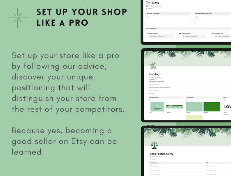 May include: A green and white graphic with the text "Set Up Your Shop Like A Pro" and a description of how to set up an Etsy shop. The graphic includes screenshots of a computer screen with the text "Company", "Branding", and "Shop Policies & FAQ".