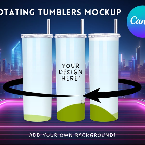 3 Animated Rotating Tumbler Canva Mock Up Template - Easy Drag and Drop Background - Edit in CANVA - Rotating Skinny 20oz Design Canva Frame