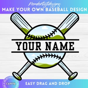 Op de afbeelding: Een honkbalontwerp met gekruiste knuppels, een honkbal en de tekst "YOUR NAME". De honkbal heeft een blauwe lucht en een groen heuvelontwerp. De tekst "MAKE YOUR OWN BASEBALL DESIGN" en "EASY DRAG AND DROP" zijn ook opgenomen.