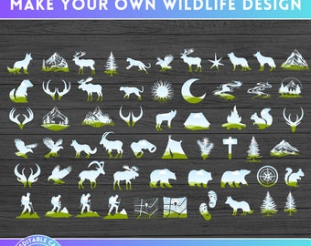 May include: A collection of white silhouette images of animals, plants, and other nature-related objects on a dark wood background. The images include a wolf, deer, bear, mountains, trees, a compass, and more. The text "Make Your Own Wildlife Design" and "Easy Drag and Drop" are at the top and bottom of the image, respectively.