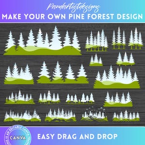 May include: A set of 10 digital pine forest design elements for use in Canva. The elements are easy to drag and drop and can be used to create a variety of forest scenes. The elements are white and green and are set against a dark wood background.