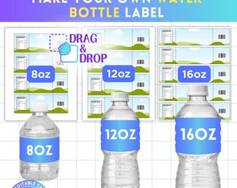 8, 12, 16 oz Water Bottle Label Bundle, Blank Template, Water Bottle Sticker, Party Favors, DIY Label Template, Drag & Drop,  Canva Editable