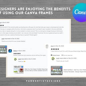 May include: A collage of customer reviews for a Canva frame template bundle. The reviews are positive and highlight the ease of use and the time-saving features of the product. The image also includes a preview of the product, which is a set of customizable frames for use in Canva.
