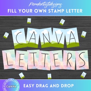 May include: A set of colorful, printable, digital stamp letters that spell out "CANVA LETTERS". The letters are designed to look like postage stamps with a blue sky, white clouds, and green grass background. The letters are easy to drag and drop and can be used for a variety of projects.