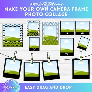 May include: A digital collage of camera frames with different patterns and designs. The frames are arranged in a grid and include a variety of colours, including black, green, white, and blue. The text "MAKE YOUR OWN CAMERA FRAME PHOTO COLLAGE" is at the top of the image. The text "EASY DRAG AND DROP" is at the bottom of the image.