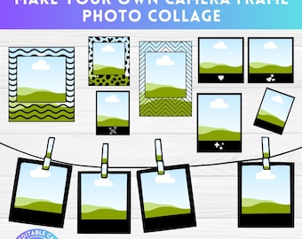Può includere: Un collage digitale di cornici per fotocamera con diversi motivi e design. Le cornici sono disposte in una griglia e includono una varietà di colori, tra cui nero, verde, bianco e blu. Il testo "MAKE YOUR OWN CAMERA FRAME PHOTO COLLAGE" è nella parte superiore dell'immagine. Il testo "EASY DRAG AND DROP" è nella parte inferiore dell'immagine.