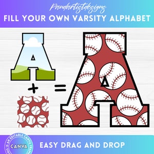 Canva Frames Varsity Alphabet, Fill your own Uppercase College Letter & Number, Drag and Drop, University Sport Font, Sublimation Design PNG