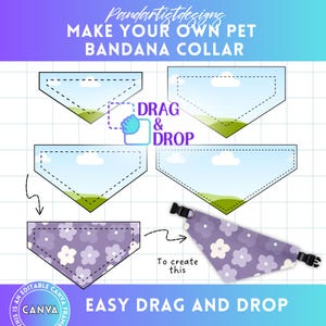 Puede incluir: Una plantilla digital para crear un collar de bandana para mascotas. La plantilla presenta una forma de bandana con un cielo azul, nubes blancas y un diseño de hierba verde. El texto "DRAG & DROP" está incluido en la imagen. La plantilla se puede personalizar con diferentes diseños y colores.
