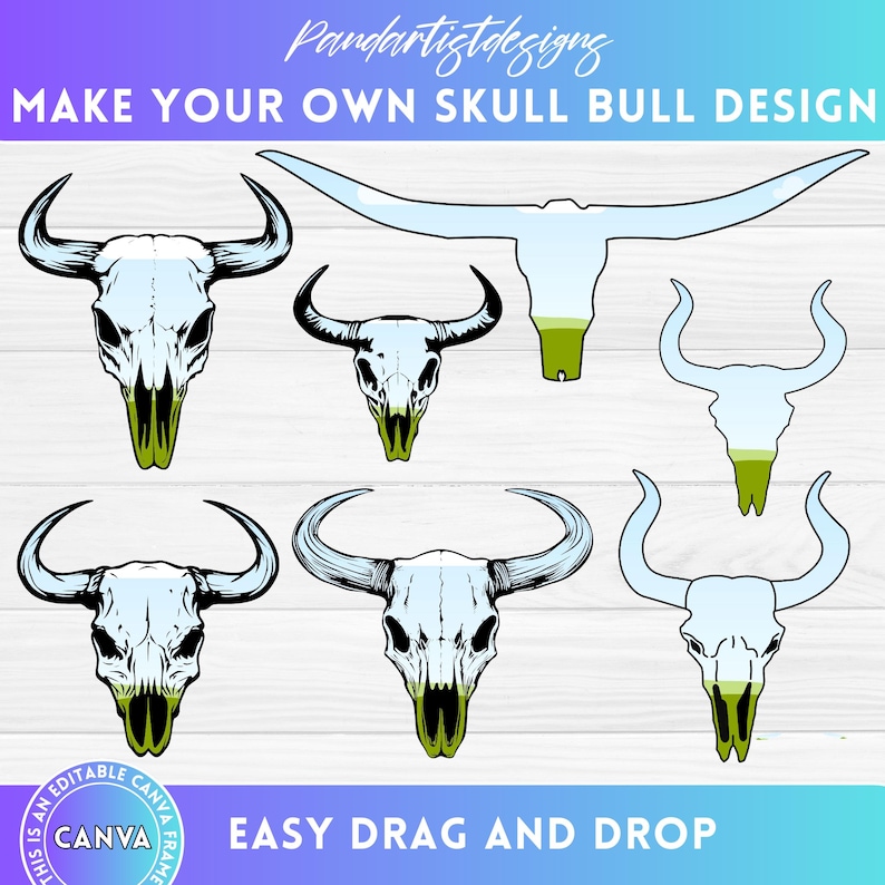 May include: A set of six digital bull skull designs in a light blue and green color scheme. The designs are layered and can be easily dragged and dropped onto a canvas. The text "MAKE YOUR OWN SKULL BULL DESIGN" and "EASY DRAG AND DROP" are also included in the image.