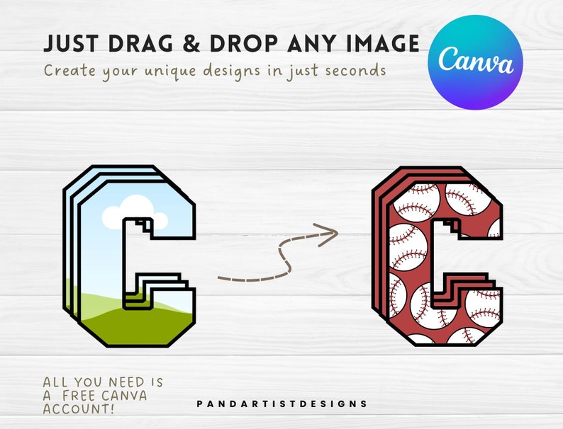 May include: A graphic design tutorial showing how to use Canva to create unique designs by dragging and dropping images. The tutorial shows a letter C with a sky and grass background being transformed into a letter C with a baseball pattern.