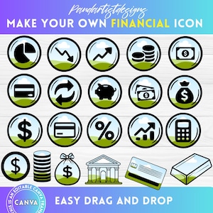 Paquete de iconos financieros: iconos de dinero, iconos de tarjetas de crédito, plantillas de Canva editables con función de arrastrar y soltar, iconos de finanzas y marketing, iconos bancarios (svg)