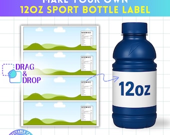 12oz Sport Drink Bottle Label Template, Canva Editable Sport Drink Template, Printable Label Template, Easy Drag & Drop, 8.5"x11" Sheet