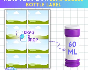 Etiqueta para garrafa de bolhas de 60 ml, modelo editável Canva, lembrancinha para festa infantil, arrastar e soltar, garrafa de bolhas de casamento, adesivo, modelo em branco para sublimação