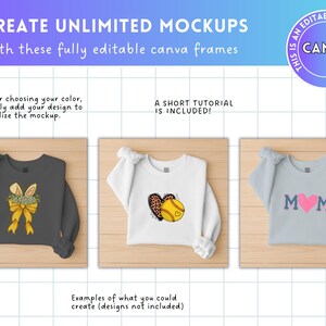 May include: Three different color sweatshirts with designs on them. The sweatshirts are laid out on a wooden surface. The designs include a yellow bow with bunny ears, a softball with a heart and leopard print, and the letters "MOM" with a pink heart.