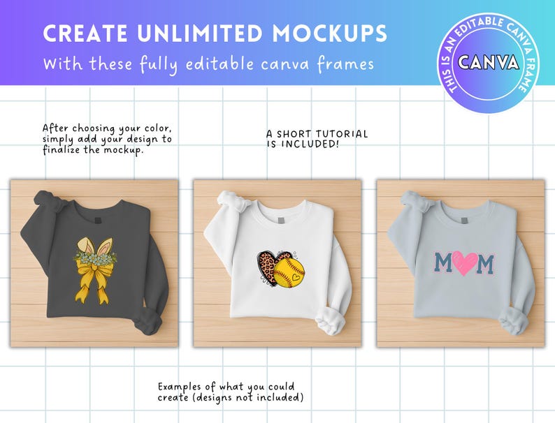 May include: Three different color sweatshirts with designs on them. The sweatshirts are laid out on a wooden surface. The designs include a yellow bow with bunny ears, a softball with a heart and leopard print, and the letters "MOM" with a pink heart.
