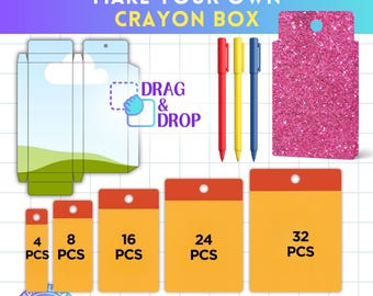 Mallpaket för kritor, mall för vaxkritor, presentask med vaxfärgpenna, mall för Canvas, festgåvor svg, gör-det-själv-presentask, dra och släpp