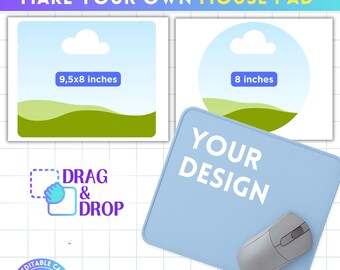 Könnte beinhalten: Hellblaues Mauspad mit grauer Maus, dem Text "YOUR DESIGN" und dem Text "8.5"X11 SHEETS". Das Bild zeigt auch Beispiele für Mauspad-Designs und den Text "MAKE YOUR OWN MOUSE PAD".