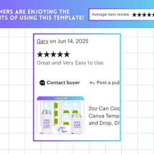 May include: A review of a template with a five-star rating. The review says "Great and Very Easy to Use." The image also shows a cooler design with two cans, and the text "DESIGNERS ARE ENJOYING THE BENEFITS OF USING THIS TEMPLATE!"