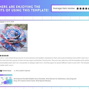 May include: A review of a wind spinner template. The image shows a colorful wind spinner with red, white, and blue colors. The text says "DESIGNERS ARE ENJOYING THE BENEFITS OF USING THIS TEMPLATE!" and "Average item review" with a 5-star rating.