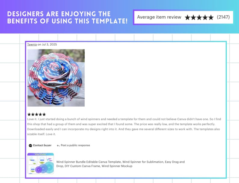 May include: A review of a wind spinner template. The image shows a colorful wind spinner with red, white, and blue colors. The text says "DESIGNERS ARE ENJOYING THE BENEFITS OF USING THIS TEMPLATE!" and "Average item review" with a 5-star rating.