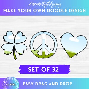 May include: Set of 32 doodle design elements, including a four-leaf clover, peace sign, and heart, all with a green, blue, and white color scheme. The text "SET OF 32" and "EASY DRAG AND DROP" are also visible.