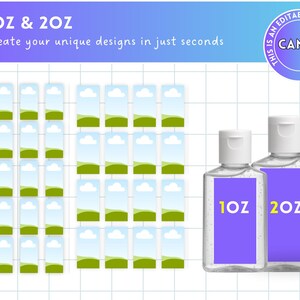 Może przedstawiać: Zestaw 30 drukowanych etykiet do butelek o pojemności 30 ml i 60 ml. Etykiety przedstawiają zielone wzg&oacute;rze, białą chmurę i niebieskie niebo. Etykiety są przeznaczone do użytku z Canva.