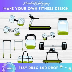 Op de afbeelding: Een set zwarte en groene fitnessiconen, waaronder een loopband, dumbbells, een kettlebell, een barbell, een pull-up bar, een sporttas en een eiwitshaker. De iconen zijn ontworpen om te worden gebruikt in een digitaal ontwerp programma zoals Canva. De tekst "EASY DRAG AND DROP" staat onderaan de afbeelding.