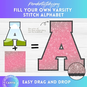 Digital Stitch Varsity PNG, letras e números de apliques de bordado falso, arrastar e soltar, patch esportivo de alfabeto universitário Duotone Canva Frame Bundle