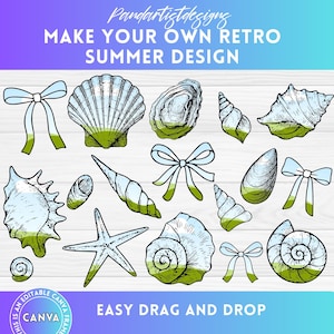 May include: A set of 16 hand-drawn illustrations of seashells, starfish, and bows in a retro style. The illustrations are in shades of blue, green, and white, and are perfect for creating summer-themed designs.